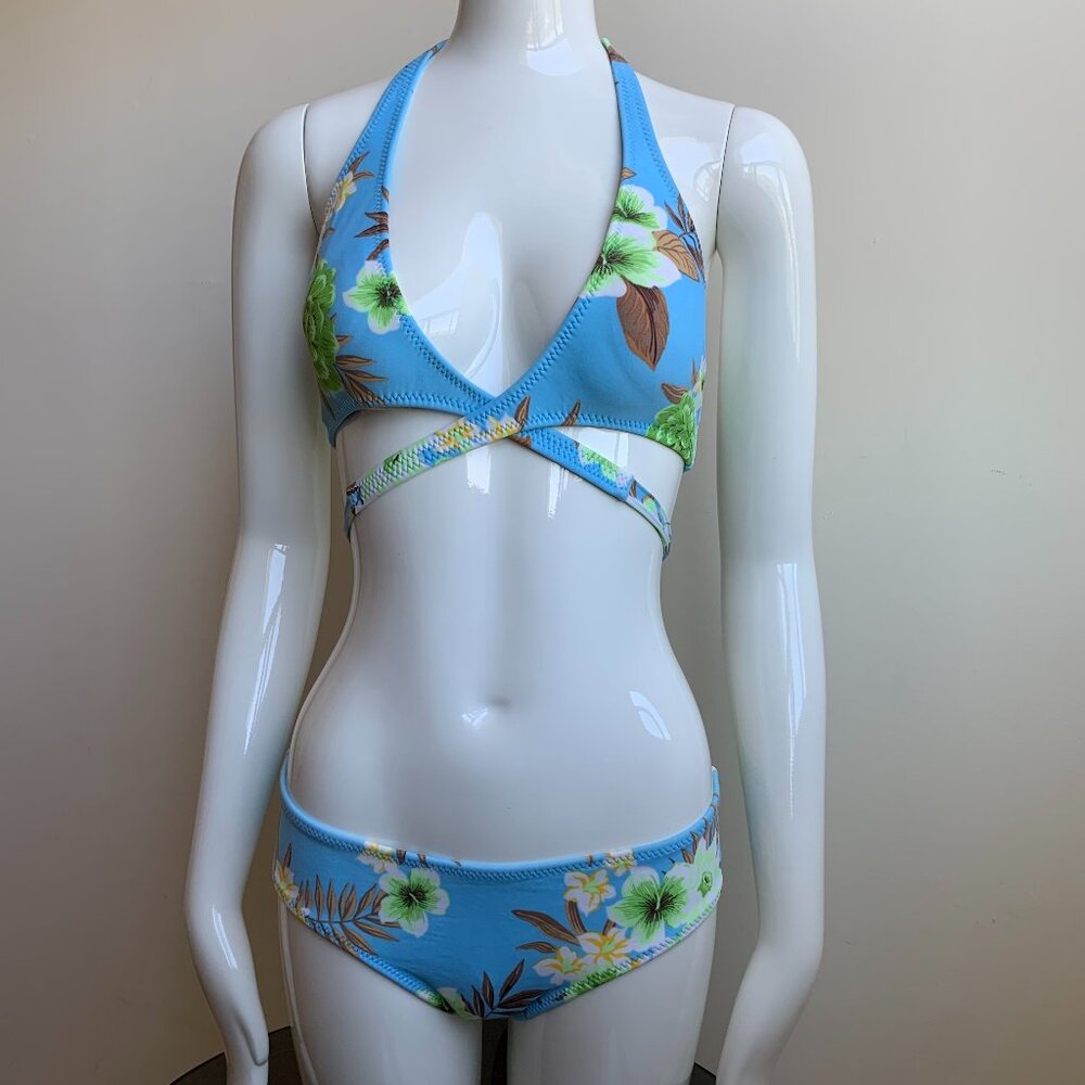 Radio Fiji blue & green floral wrap around low rise vintage bikini made in usa